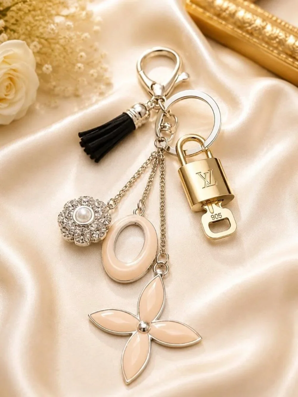 LV Gold Padlock & Key 🔒 Authentic Louis Vuitton Bag Unbranded Flower Charm